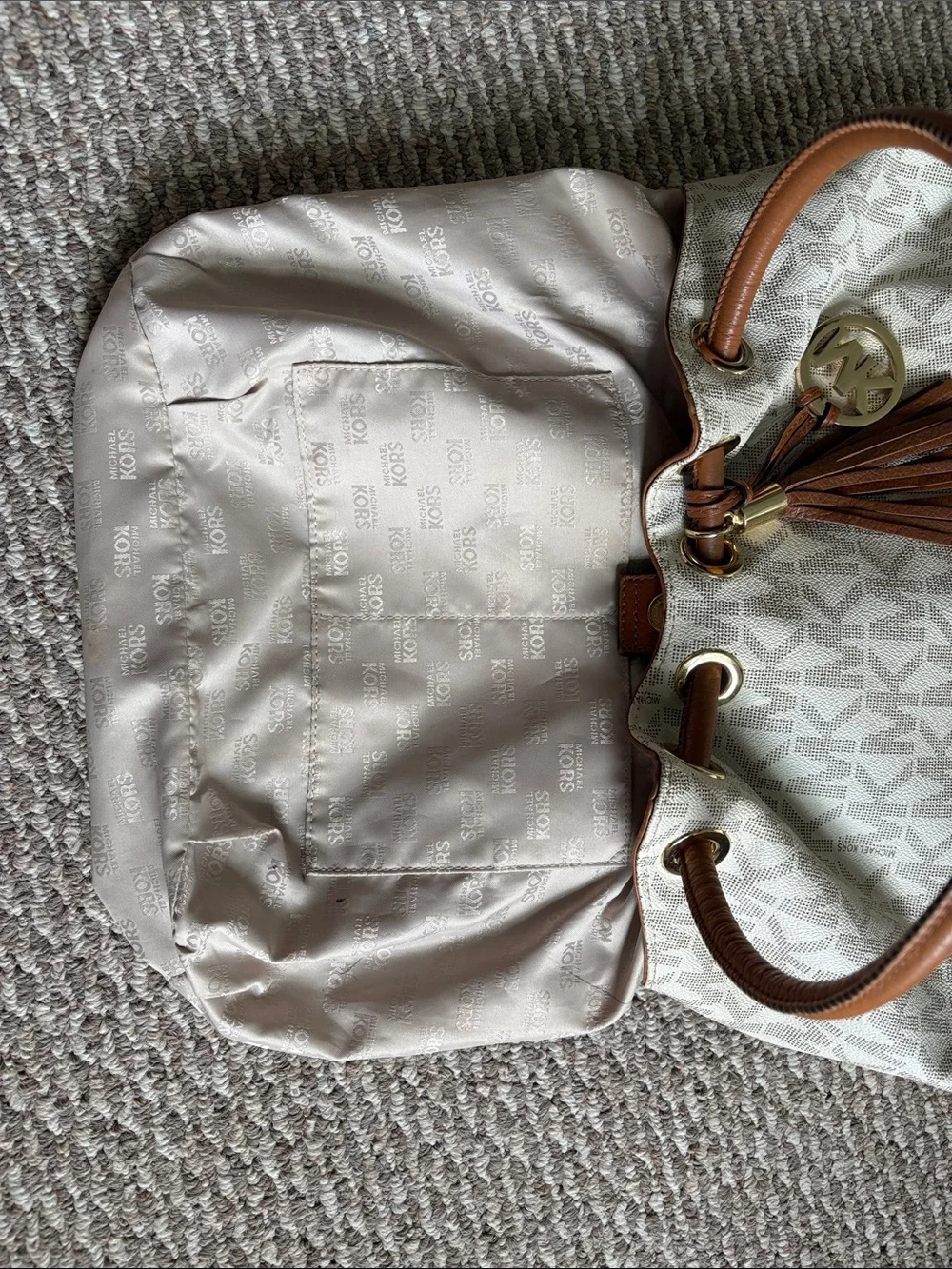 Michael Kors Cream MK Logo Ring Tote with Brown Leather Handles